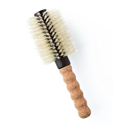 Nylon Boar Bristle Hair Brush, Round Brush for Blow Drying, Large 2.5" Barrel Blowout Brush, Anti Static Hairbrush, Cork Comfort Grip Handle, Detangling Plastic/Natural Bristle Hair Styling Tool