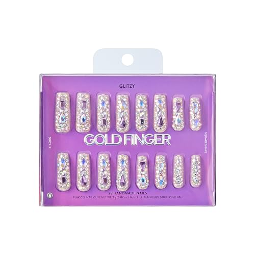 Glitzy 3D Handmade Press On Nail Kit, Multicolor Rhinestone Gem X-Long Square False Nail, Reusable & Lasts Up To 2 Weeks, Seamless Snug Fit Technology, Includes Glue, File & 28Pcs Manicure Set