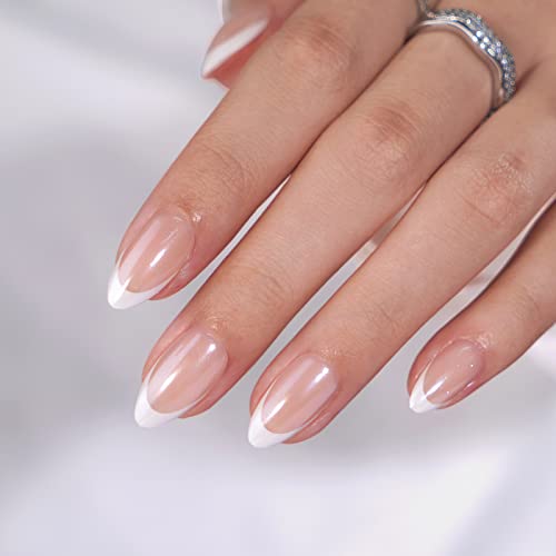 BTArtbox French Tip Press On Nails Almond - Press on Nails Short, Supremely Fit & Natural Glue On Nails, Classic & Dazzling Pink