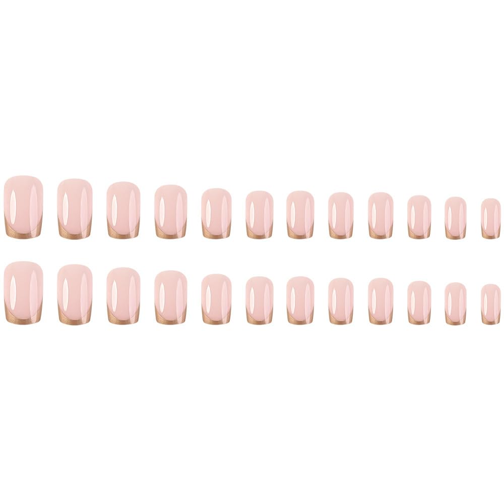 Gold French Tip Press on Nails Medium Length Square Shape Pink False Nails Medium Square Press ons Summer Fake Nails Full Cover Glue on Nails Nude Pink False Nails with Design for Women Girl 24Pcs