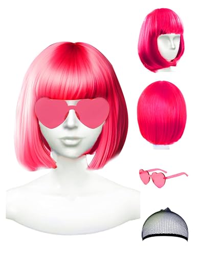 PLANTURECO Wig and Party Sunglasses, Hot Pink Wigs for Women, Dark Pink Wig and Neon Pink Wig with Bangs, Bright Pink Wig - Bachelorette Party Wigs Decorations Favors