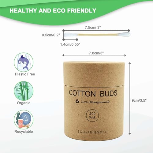 YILEAITECH Bamboo QTips 400 Count Cylinder Box – Organic Cotton Buds, Plastic-Free & Biodegradable