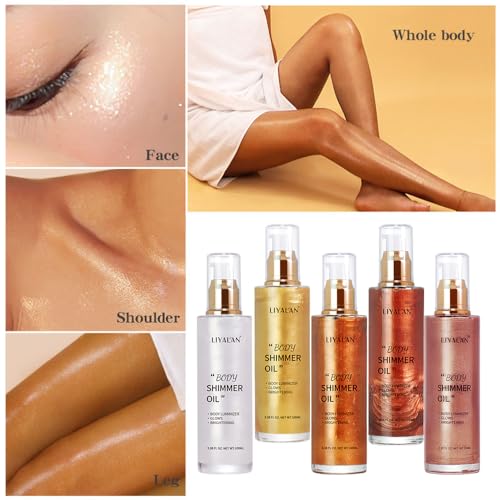 Liyalan Shimmer Body Oil Golden Brown 5 Color Bronze Face Glow Pearl Highlighter Illuminator Body Makeup Shine Glitter Gold Liquid Taning 3.38 Fl Oz