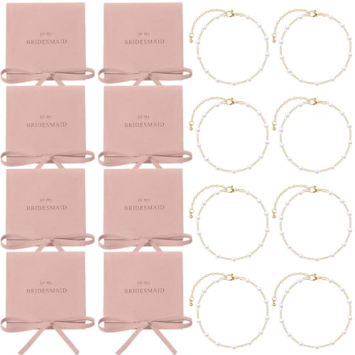 Quelay Bridesmaid Bracelet Gift Set with Pouch, Pink Bow Tie Gold 16 Pcs