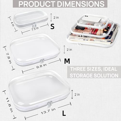 3PCS Clear Hard Plastic Zipper Case, Double Zippers Hard Pouch, Portable Travel Organizer Bin Clear Makeup Bag for Toy Storage, Snack Bag, Cosmetics, Pencil Case, Diaper Bag, Toiletry Bag (3PCS-L)