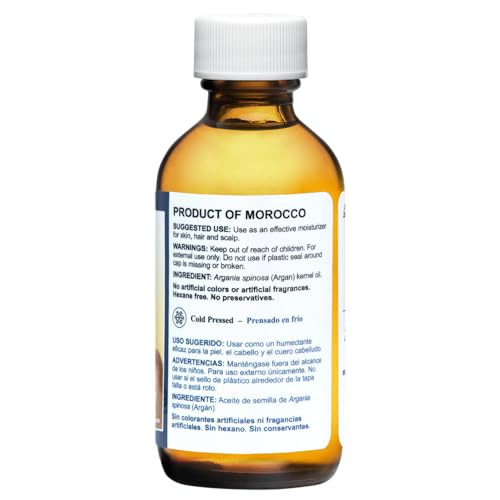 De La Cruz 100% Argan Oil of Morocco, Glass Bottle, Unscented - Pure Cold-Pressed Virgin Moroccan Argan Oil for Hair and Skin - 2 FL OZ