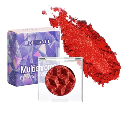 DE'LANCI DE¡¯LANCI Chameleon Red Glitter Eyeshadow Highly Pigmented, Single Metallic Glitter Red Eye Shadow Palette Intense Color Shifting, Chrome True Red Shimmery Glitter Eyes Warm Goth Smoky Makeup