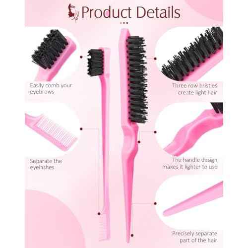 Aigee 8Pcs Hair Styling Combs Set Include 4Pcs Topsy Hair Tail Tools 2 Styles of Rat Tail Comb,1Pcs Bristle Teasing Slick Back hair Brush,1Pcs Edge Control Brush,Eyebrow Brush for Woman Girl Pink