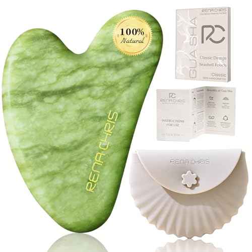 Rena Chris Gua Sha Facial Tools, Xiuyan Jade Stone Guasha Tool for Face Massage, Manual Facial Massager Tool for Jawline Sculpting and Puffiness Reduction with Silicone Case (Green)