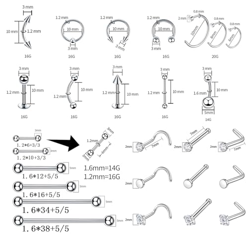 80pc Nose Piercing Kit - 316L Stainless Steel Jewelry & Needles