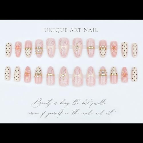 Medium Almond Press On Nails 24pc 3D Flower Fake Nails Kit