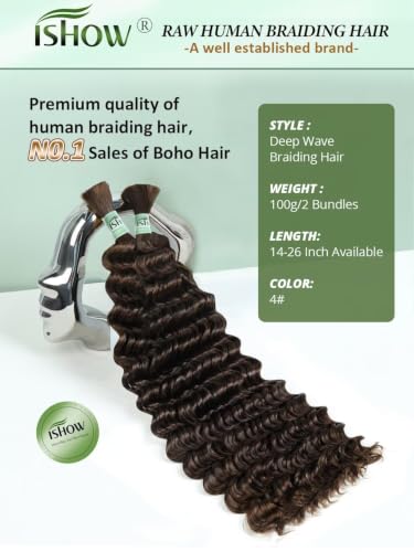 ISHOW Raw Human Hair Deep Wave Boho Hair 15A 100g 20 Inch - Chocolate Brown (Boho-100g)4#