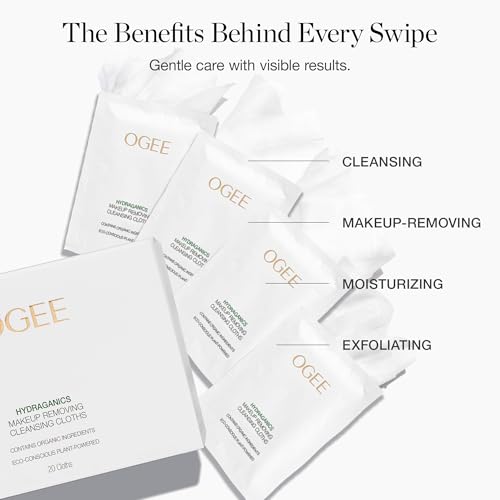 Ogee Gentle Makeup Remover Wipes ? Moisturizing Facial Cleansing Cloths with Jojoba Oil & Aloe Vera ? Makeup Removal & Daily Refresh (20ct) (Pack of 2)