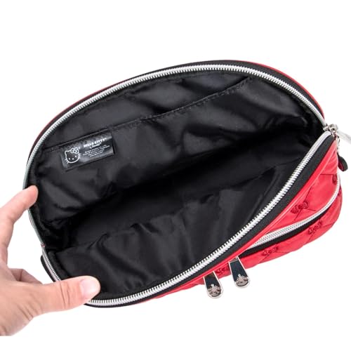Impressions Vanity Hello Kitty Quilted Arch Travel Makeup Bag Organizer, Hello Kitty Bows Embroidered with Enamel Logo Plate, Bottom Zipper Cosmetic Bag, Black Polyester Lined Interior, Inner Pocket