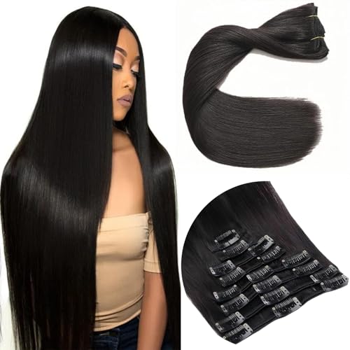 Clip In Hair Extensions Real Human Hair, Remy Human Hair Extensions 8PCS Long Soft Natural Hair piece 14-28 Inch Straight Hair Extension for Women(80g-120g 1B# Natural Black)