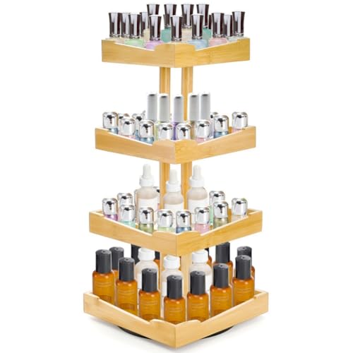 Nail Polish Organizer, 4 Tier Bamboo Stand Essential Oil Display Rack for 120-212 Bottles, 360¡Æ Rotating Large Capacity Cosmetics Storage Shelf Holder for Home Spa, Business Salon