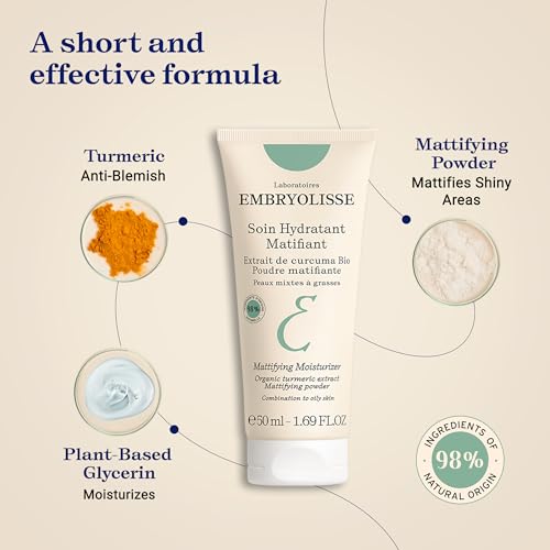Embryolisse Mattifying Moisturizer, Oil-Control Face Cream with Organic Turmeric Extract. Lightweight Hydration, Non-Comedogenic for Oily & Combination Skin, 1.69 Fl Oz