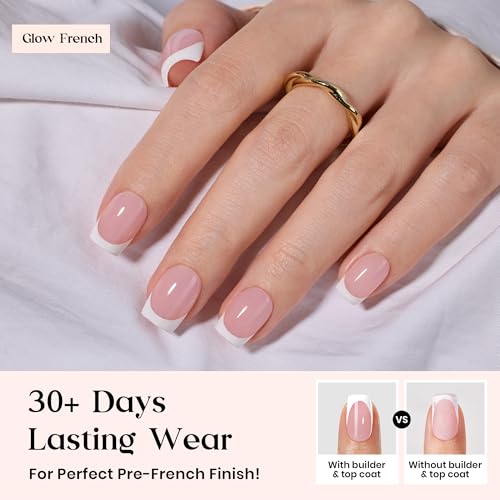 Beetles X Press Plus Gel Nails Kit | Pink French Tip Press On Nails Short Square | 15 Sizes 150Pcs All-in-One Kit With Nail Glue,Remover,Builder Top Coat,Nail Lamp Gift For Women