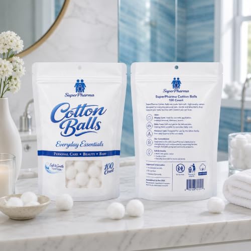 SuperPharma Premium Soft Cotton Balls 100 Count - Absorbent Skincare & First Aid