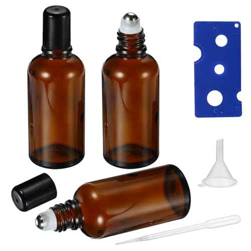 50ML Roller Bottles for Essential Oil, 3 Pack Empty Amber Glass Roller Bottle for Perfume Oil, Roll on Bottles with Stainless Steel Roller Balls, Opener, Funnel and Dropper