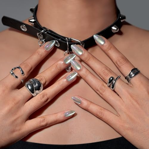 BTArtbox Cat Eye Short Almond Press On Nails 32Pcs Full Kit - Chaos Chrome Variation