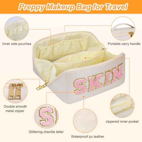 Large Capacity Skincare Bag, Chenille Letter Preppy Makeup Bag, PU Leather Large Capacity Travel Cosmetic Bag with Divider and Handle, Gift for Women