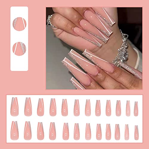 MISUD Long Press on Nails Coffin Fake Nails French Tip False Nails Glitter Glue on Nails Ballerina Acrylic Nails Pink Artificial Nails with Design for Women and Girls 24Pcs