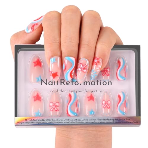Red White & Blue Swirl Press On Nails - 30 Pc Almond Kit