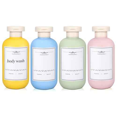 4 PACK Travel Shampoo Bottle, Empty Plastic Squeeze Bottles 6.8oz with Flip Cap, Lotion Container for Toiletries Travel Size Shampoo and Conditioner