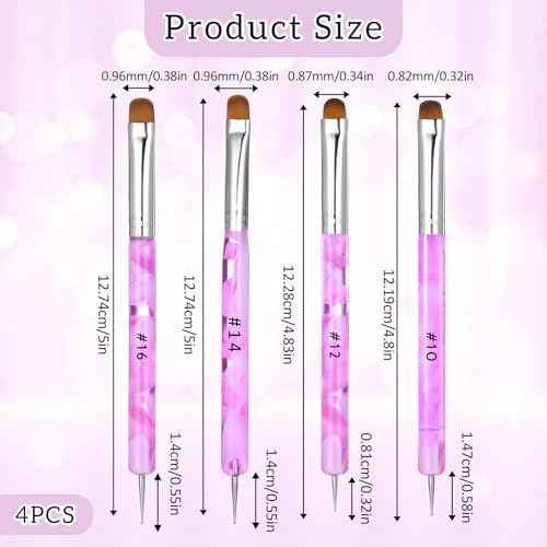 4pcs French Gel Acrylic Nail Art Brush Two Way Nail Art Brush with Dotting Professional Manicure Tool for Manicure Cuticle Clean up Detailed Designs Nail Dotting Pen (10#, 12#, 14#, 16#)