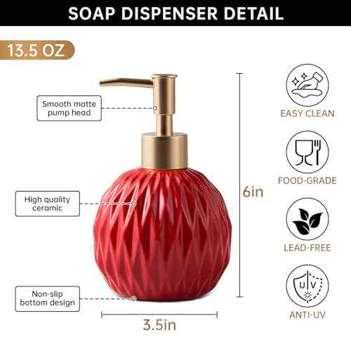 Ceramics Gold Soap Dispenser for Bathroom, Relief Soap Dispenser for Kitchen Sink, 400ml/13.5Oz Refillable Liquid Hand Soap Bottle with Gold Pump (Red).