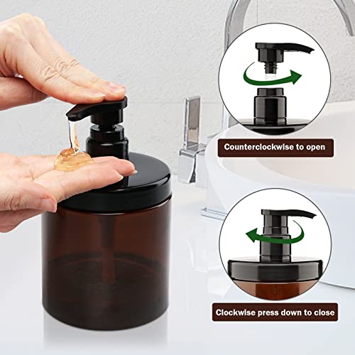 Pump Bottle Dispenser 3 Pcs 600ml/20oz Refillable Plastic Pump Bottles Wide Mouth Jar Style BPA Free Empty Pump Bottles Bathroom Shower Containers for Lotion Shampoo Conditioner (Brown)