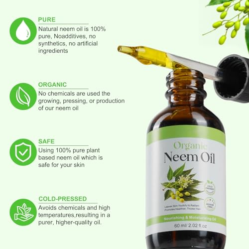 Organic Neem Oil for Skin Hair - Leaves Skin Youthful & Radiant, Promotes Healthier Thicker Hair - Neem Oil for Plants - 100% Natural, Cold Pressed, Hexane Free - 2PCS, 120ml