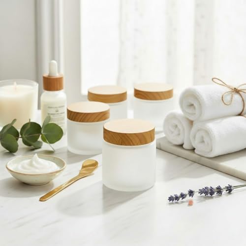 Norme 48 Pcs 4oz Glass Jars with Lids Empty Small Glass Containers and Inner Liners Reusable Cosmetic Jars Round Airtight Bottles with Plastic Woodgrain Lids for Storing candle, Lotion (Frosted Matte)