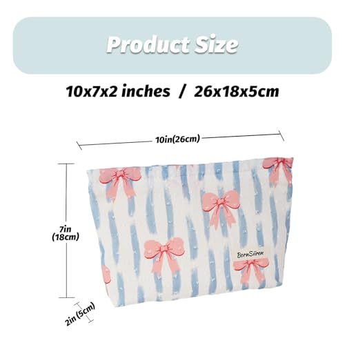BornSiiren Bow Blue Stripe Large Makeup Bag Travel Organizer with Lining