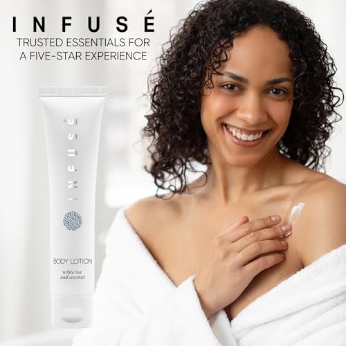 Travel Size Hotel Body Lotion 20 Count 1 oz Bottles Guest Amenities for Hotels Vacation Rentals and Short Term Rentals Paraben Free White Tea and Coconut Scent Infused with Aloe & Olive Oil by INFUSE