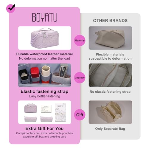 BOYATU Travel Makeup Bags Cosmetic Organizer Bag: 3-Set Large Capacity Make up Bag - PU Leather Toiletry Bags for Women - Wide Open Portable Pouch with Divider & Handle (02-Z-Violet)