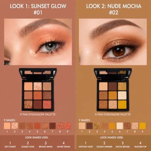 FYNLA Warm Nude 9-Color Eyeshadow Palette - Matte, Shimmer & Glitter Shades for Natural & Glam Looks