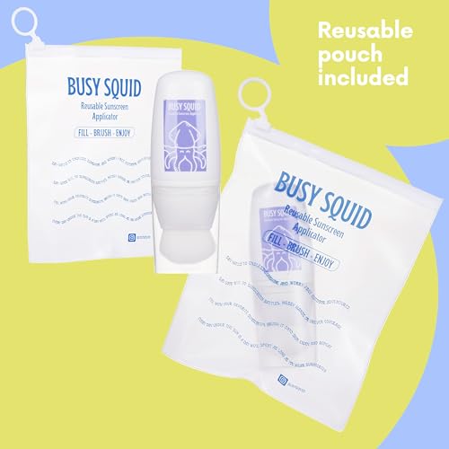 Busy Squid Sunscreen Applicator for Kids and Adults – Refillable Bottle with Integrated Makeup Brush – Mess Free, Even Application, Travel Size Sunscreen Brush Lotion Applicator for Face and Body –