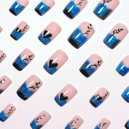 Short French Tip Press on Nails with Blue Glitter Hearts - 24PCS