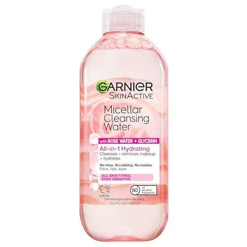 Garnier Micellar Water with Rose Water and Glycerin, Hydrating Facial Cleanser & Makeup Remover, For All Skin Types, Vegan, Cruelty Free, 13.5 Fl Oz (400mL), 1 Count