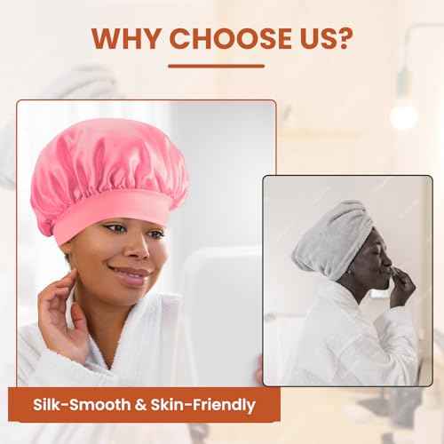 Silk Bonnet for Sleeping Women - Waterproof Shower & Sleep Hair Protector, Adjustable Silk Night Cap for Curly/Natural Hair