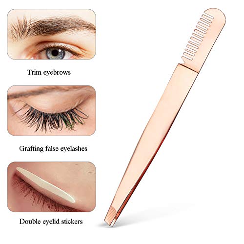 2 Pieces Multifunctional Eyebrow Tweezers with Eyebrow Comb False Eyelashes Applicator Tool Makeup Grooming Tool for Eyebrows or Facial Hair(Rose Gold)