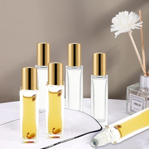 Gold 25 Pcs 10ml Square Glass Essential Oil Roller Bottles Set with Stainless Steel Balls