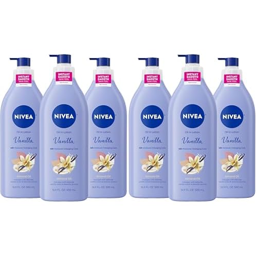 NIVEA Oil Infused Vanilla and Almond Oil Body Lotion for Women,Fast-Absorbing and Non-Greasy Vanilla Scented Lotion Moisturizes for 48 Hours,16.9 Fl Oz Pump Bottle,(Pack of 6)
