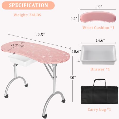 Portable Manicure Table with LED Lamp, Foldable Nail Desk on Wheels