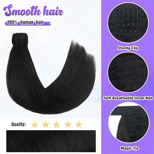 16 Inch Human Hair Ponytail 80g Long Wrap Around Ponytail Natural Black Real Hair Ponytail Extension for Women(16inch,Natural Black)