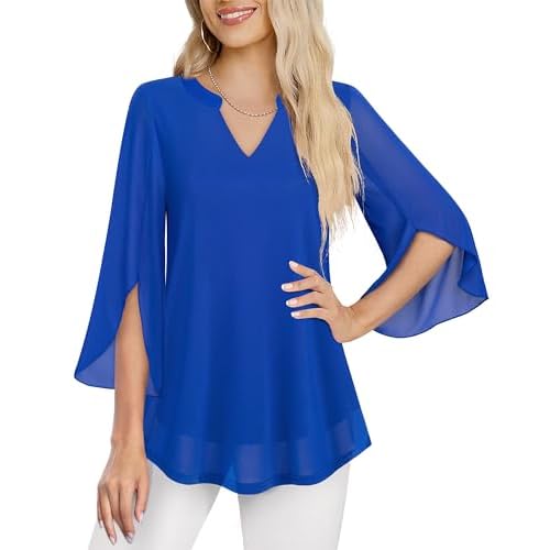 VALOLIA Women's 3/4 Sleeve Floral Tunic Tops V Neck Double Layers Loose Fit Mesh Blouses Shirt