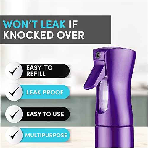 Hula Home Continuous Spray Bottle for Hair (10.1oz/300ml) Empty Ultra Fine Plastic Water Mist Sprayer ? For Hairstyling, Cleaning, Salons, Plants, Essential Oil Scents & More - Purple
