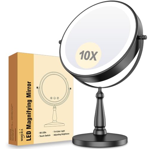 WOOCICA 10X Lighted Vanity Mirror with 2000mAh Battery, 9-Inch 360° Rotating 3-Color LED - Black (10x Black 2000mah)